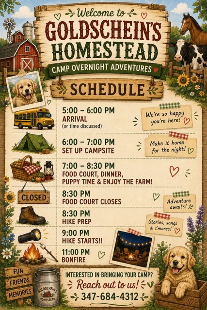 Host a camp overnight at Goldschein's Homestead